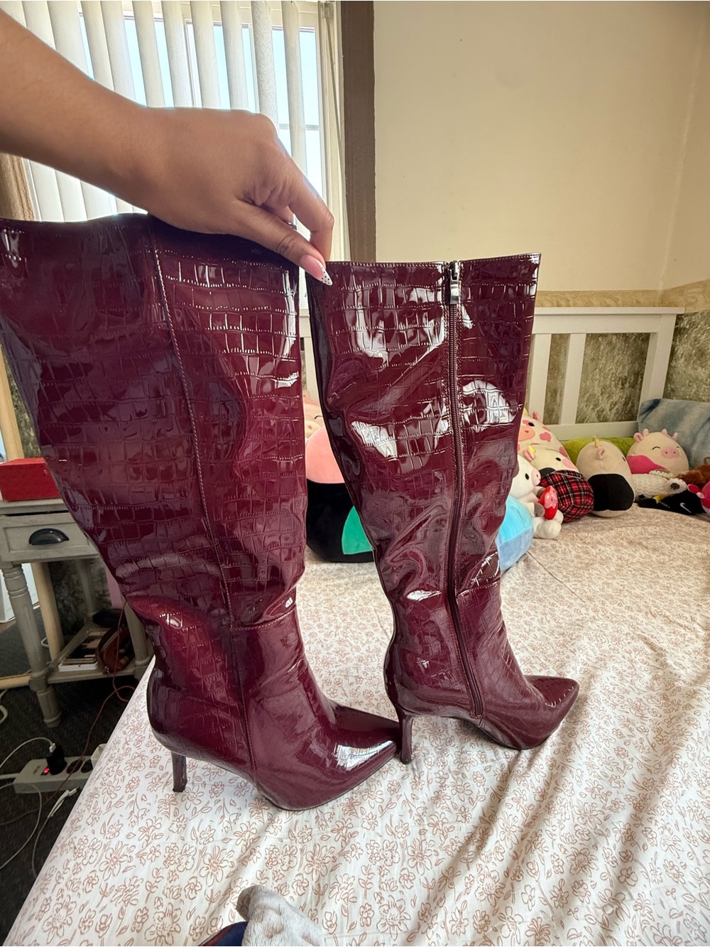 SHEIN Patent Croc-Embossed Burgundy Knee-High Stiletto Boots
